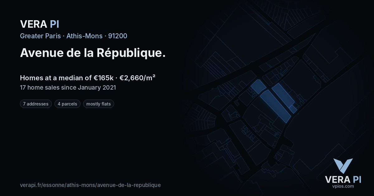 Avenue de la République, Athis-Mons at night – every parcel coloured by the prices around it, the street's own parcels lit