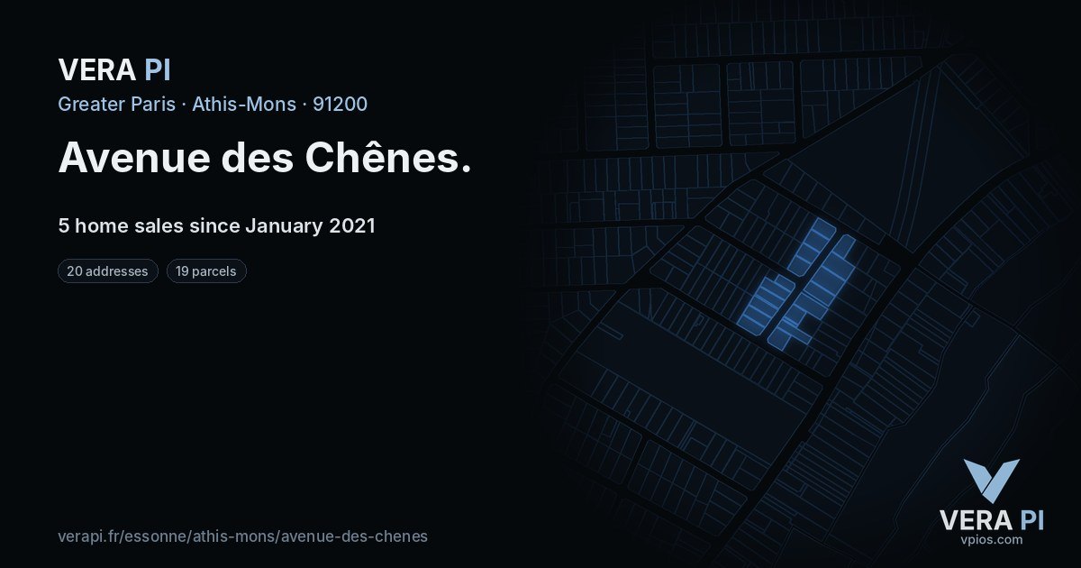 Avenue des Chênes, Athis-Mons at night – every parcel coloured by the prices around it, the street's own parcels lit