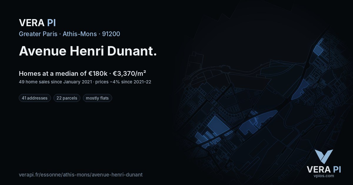 Avenue Henri Dunant, Athis-Mons at night – every parcel coloured by the prices around it, the street's own parcels lit