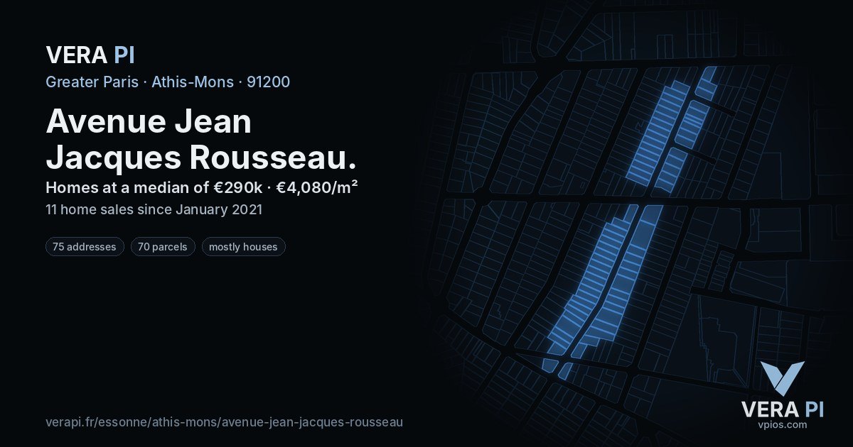 Avenue Jean Jacques Rousseau, Athis-Mons at night – every parcel coloured by the prices around it, the street's own parcels lit