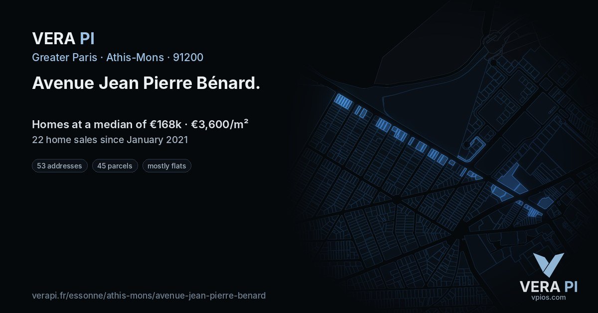 Avenue Jean Pierre Bénard, Athis-Mons at night – every parcel coloured by the prices around it, the street's own parcels lit