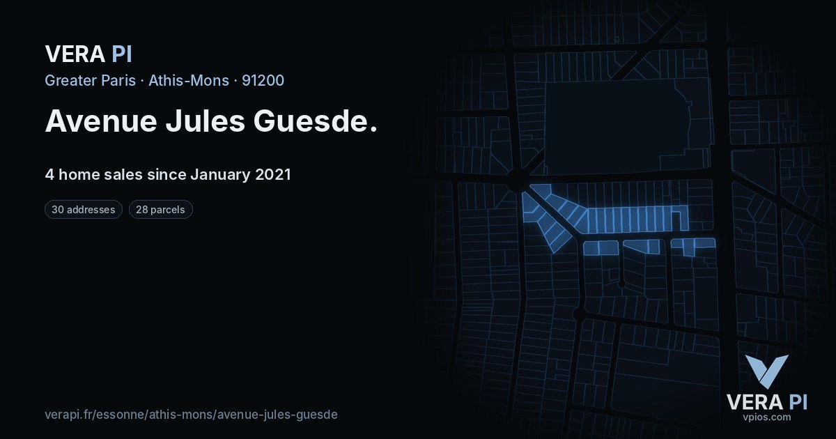 Avenue Jules Guesde, Athis-Mons at night – every parcel coloured by the prices around it, the street's own parcels lit