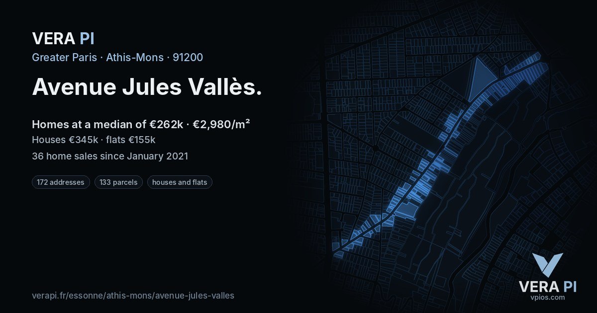 Avenue Jules Vallès, Athis-Mons at night – every parcel coloured by the prices around it, the street's own parcels lit