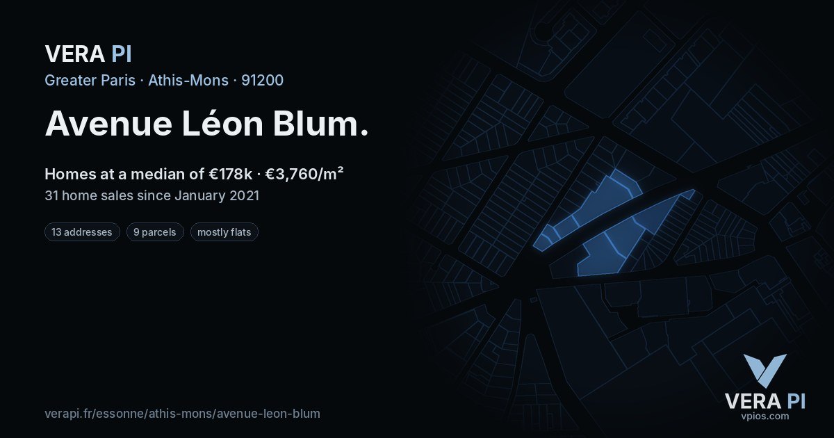 Avenue Léon Blum, Athis-Mons at night – every parcel coloured by the prices around it, the street's own parcels lit