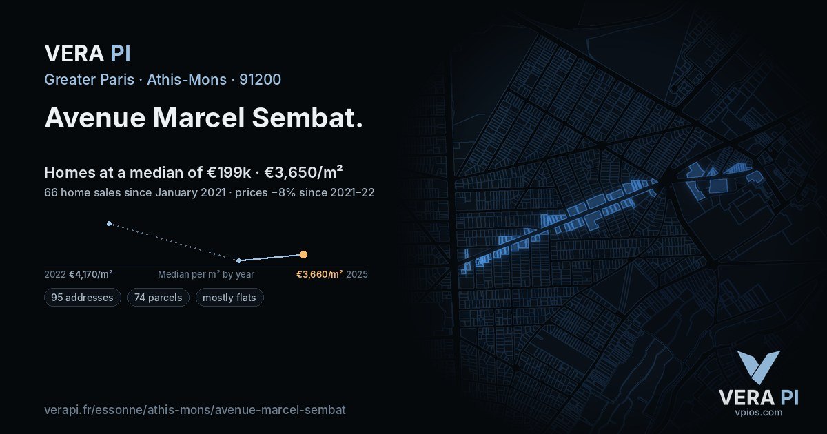 Avenue Marcel Sembat, Athis-Mons at night – every parcel coloured by the prices around it, the street's own parcels lit
