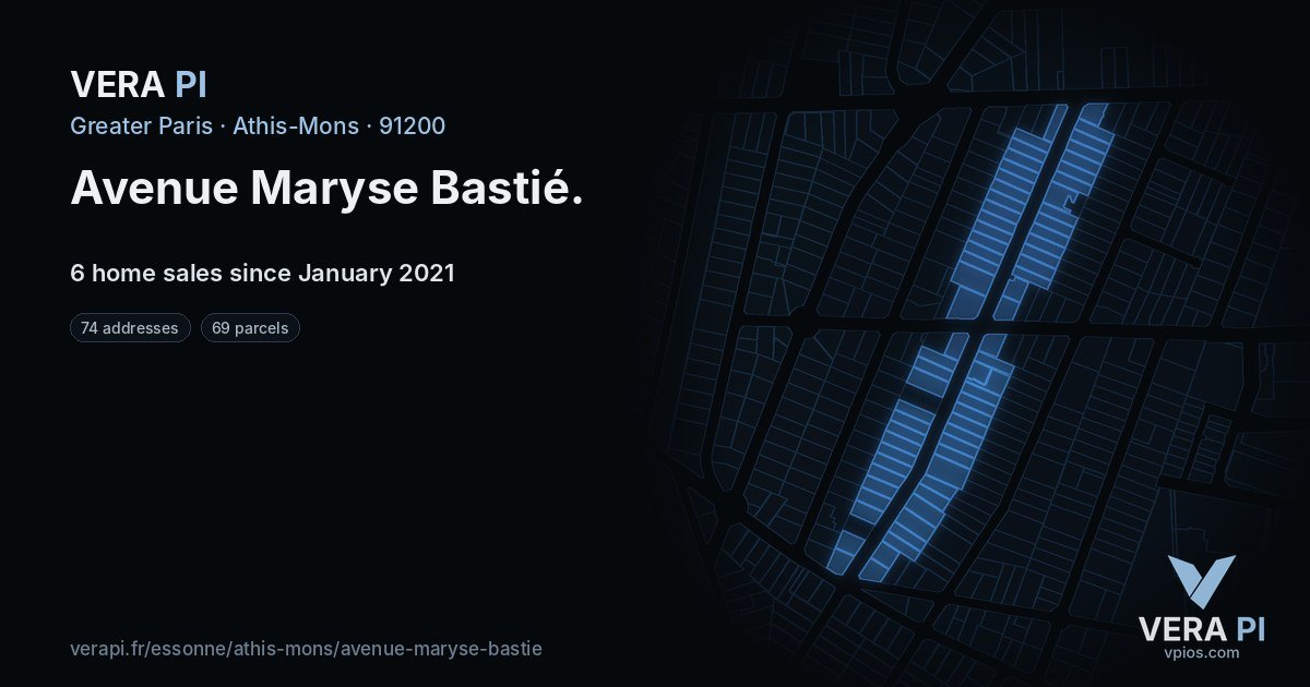 Avenue Maryse Bastié, Athis-Mons at night – every parcel coloured by the prices around it, the street's own parcels lit