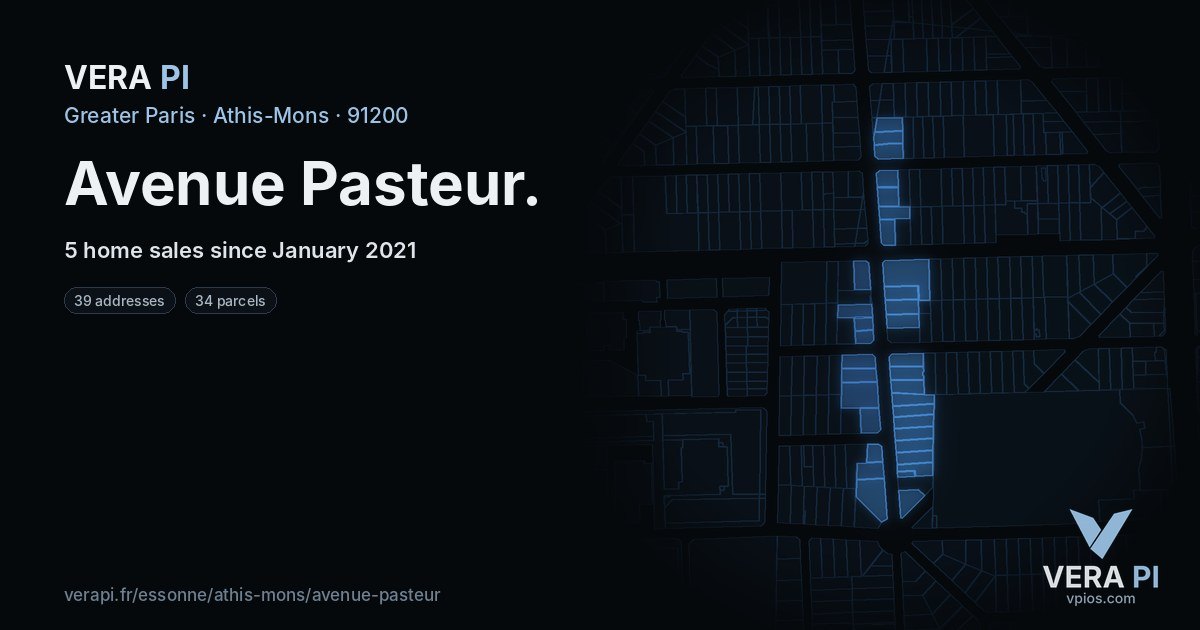 Avenue Pasteur, Athis-Mons at night – every parcel coloured by the prices around it, the street's own parcels lit