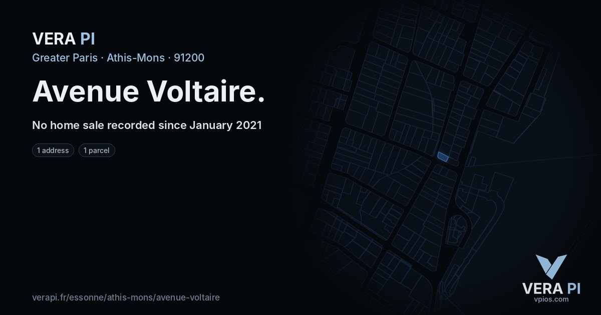 Avenue Voltaire, Athis-Mons at night – every parcel coloured by the prices around it, the street's own parcels lit