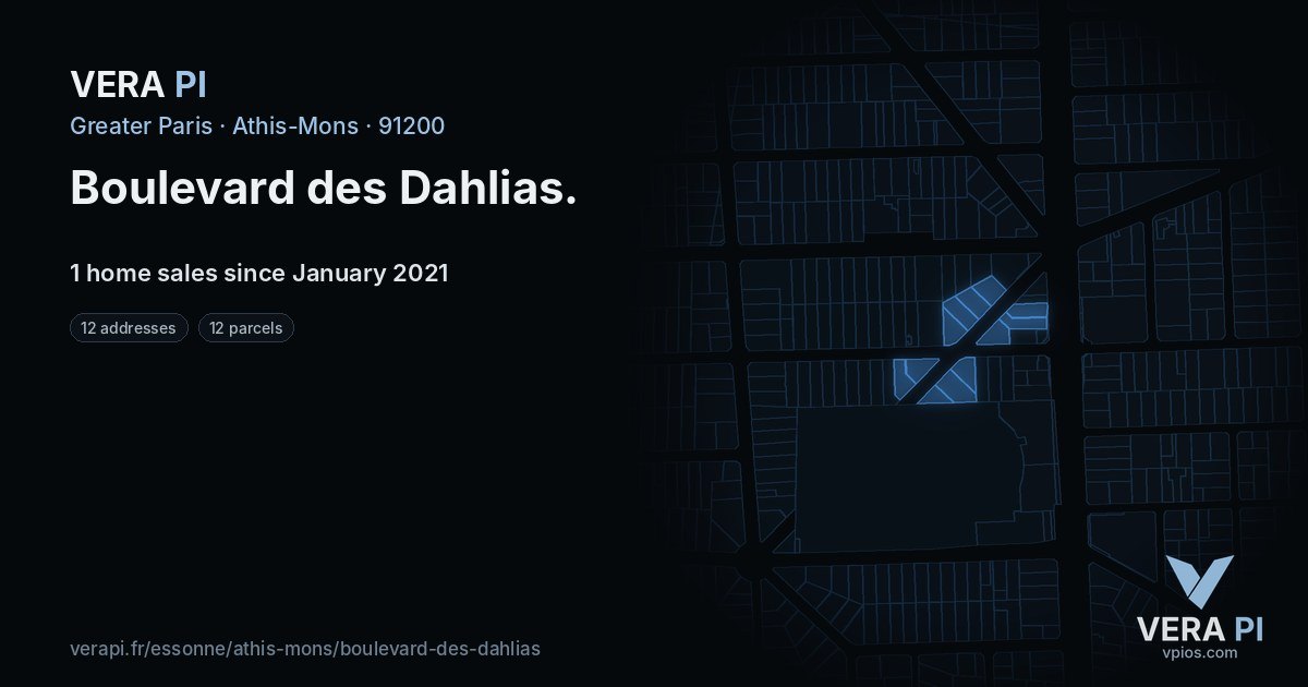 Boulevard des Dahlias, Athis-Mons at night – every parcel coloured by the prices around it, the street's own parcels lit