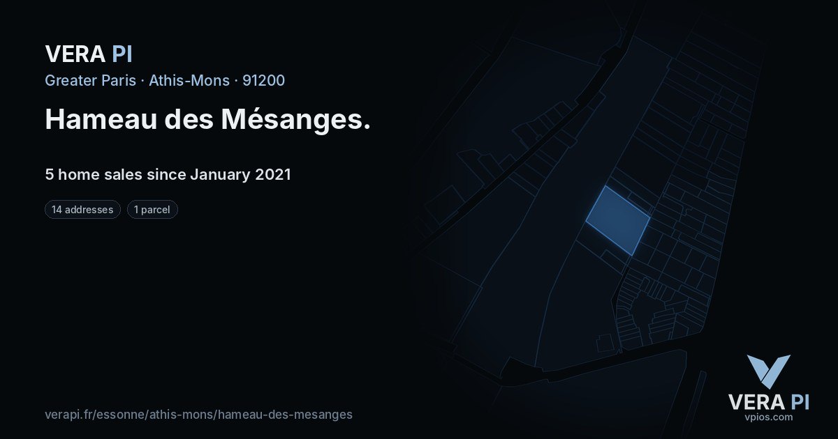 Hameau des Mésanges, Athis-Mons at night – every parcel coloured by the prices around it, the street's own parcels lit