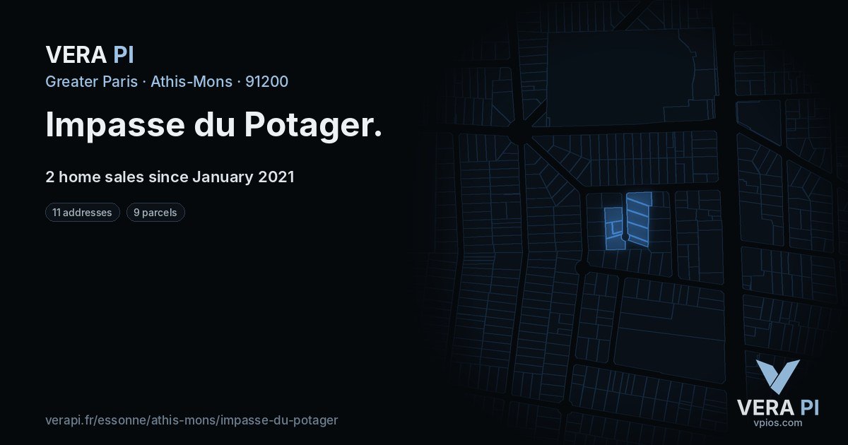 Impasse du Potager, Athis-Mons at night – every parcel coloured by the prices around it, the street's own parcels lit