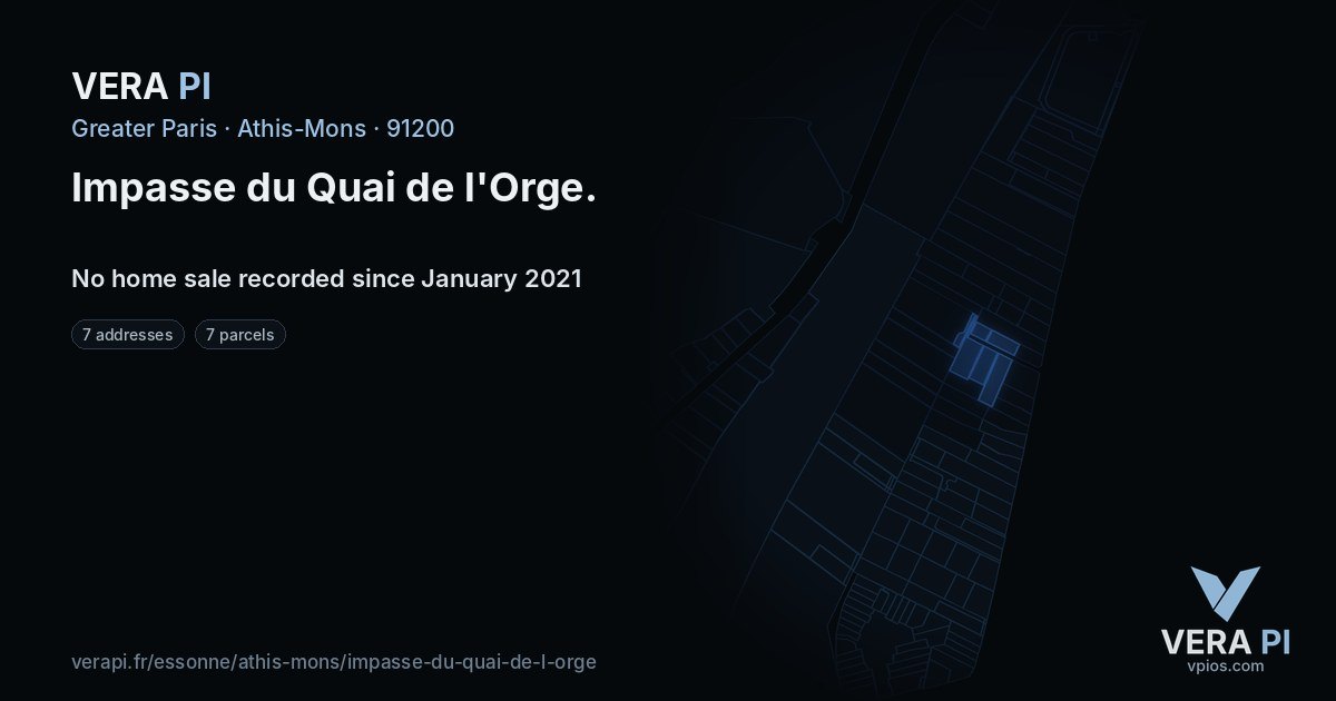 Impasse du Quai de l'Orge, Athis-Mons at night – every parcel coloured by the prices around it, the street's own parcels lit