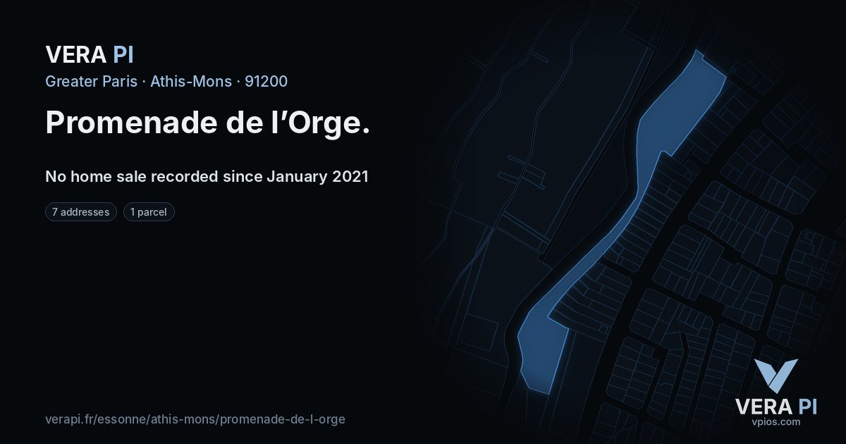 Promenade de l’Orge, Athis-Mons at night – every parcel coloured by the prices around it, the street's own parcels lit