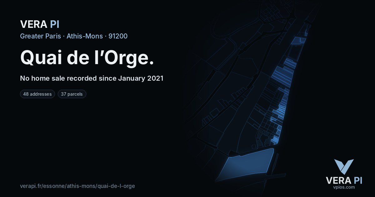 Quai de l’Orge, Athis-Mons at night – every parcel coloured by the prices around it, the street's own parcels lit