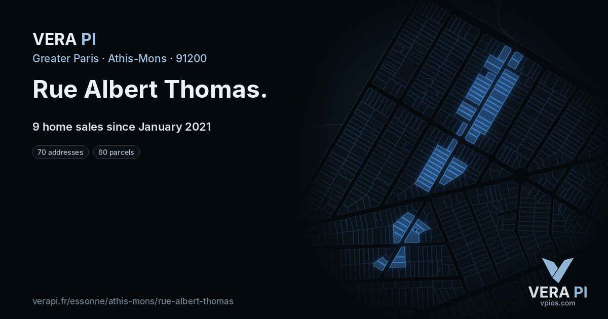 Rue Albert Thomas, Athis-Mons at night – every parcel coloured by the prices around it, the street's own parcels lit