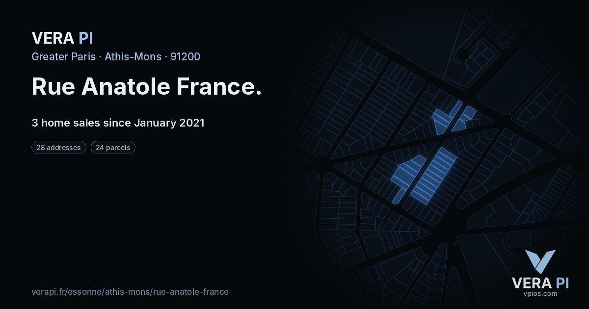 Rue Anatole France, Athis-Mons at night – every parcel coloured by the prices around it, the street's own parcels lit