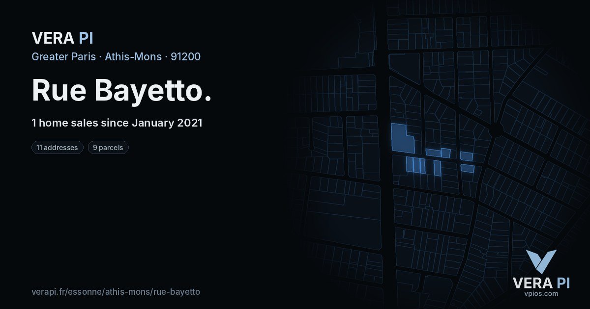 Rue Bayetto, Athis-Mons at night – every parcel coloured by the prices around it, the street's own parcels lit