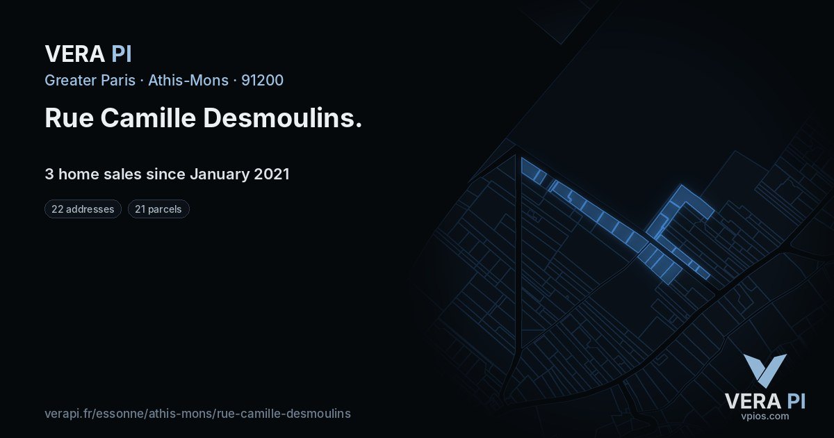Rue Camille Desmoulins, Athis-Mons at night – every parcel coloured by the prices around it, the street's own parcels lit