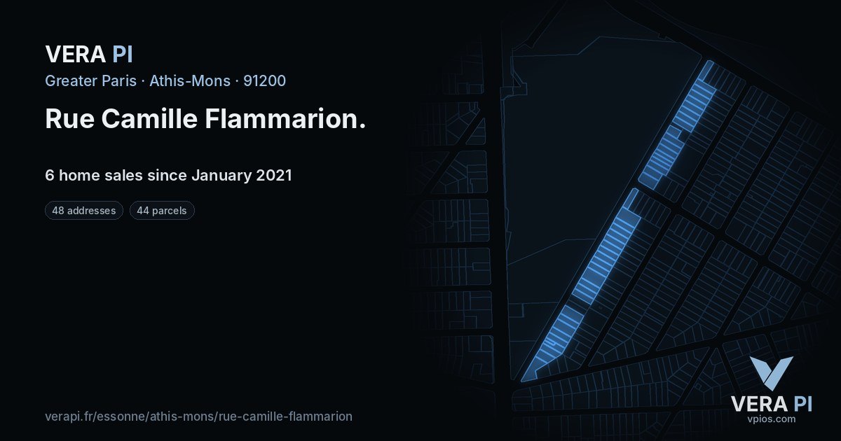 Rue Camille Flammarion, Athis-Mons at night – every parcel coloured by the prices around it, the street's own parcels lit