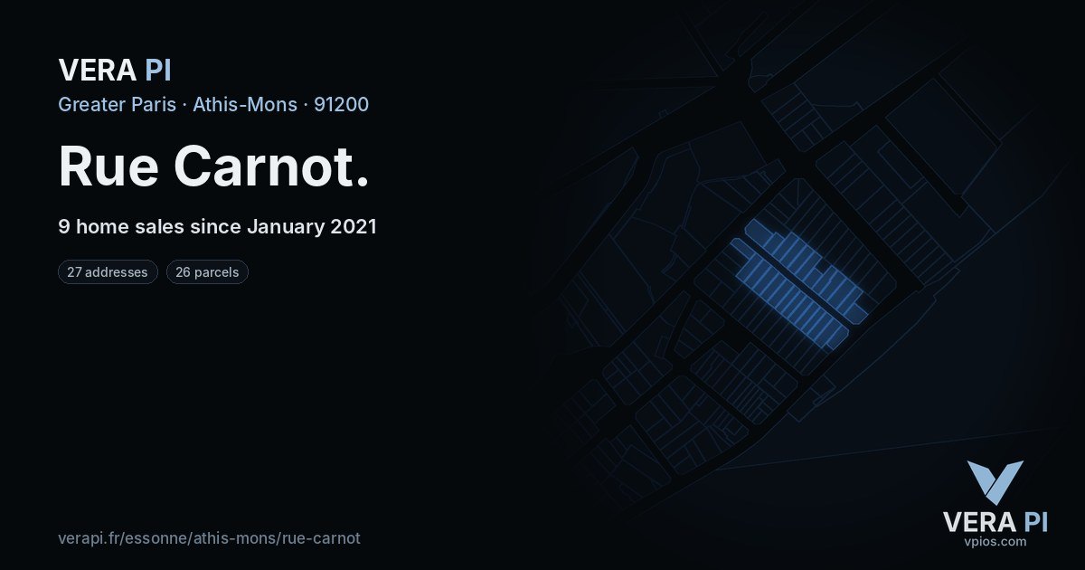 Rue Carnot, Athis-Mons at night – every parcel coloured by the prices around it, the street's own parcels lit