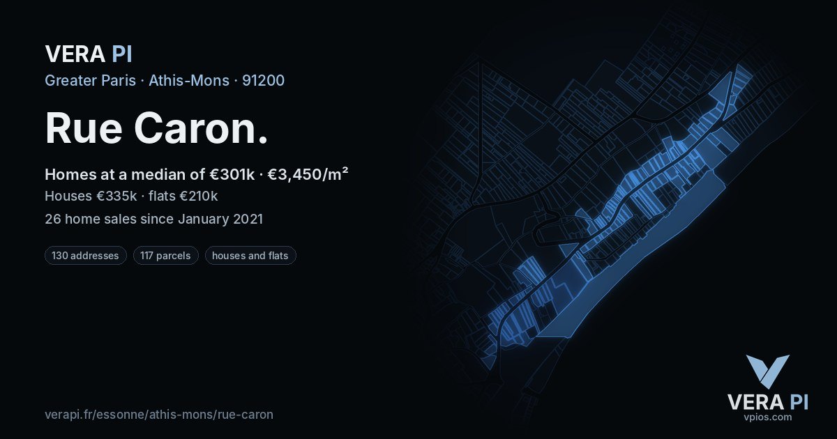 Rue Caron, Athis-Mons at night – every parcel coloured by the prices around it, the street's own parcels lit