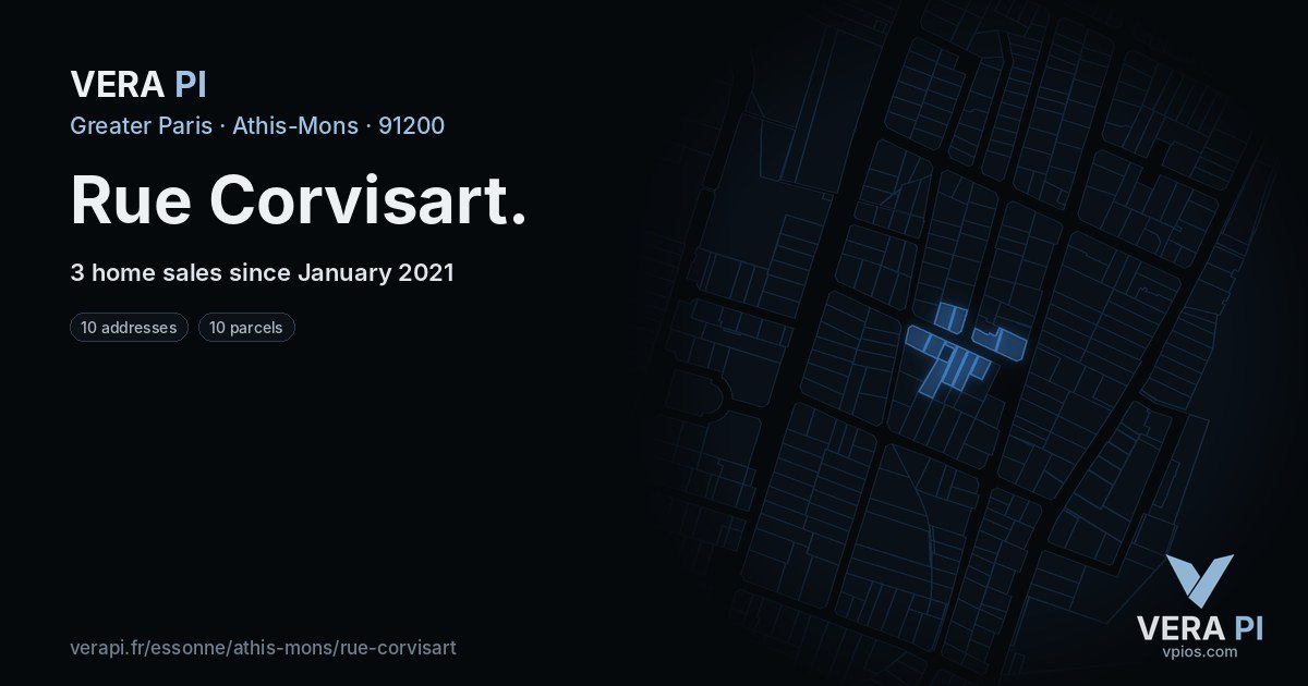 Rue Corvisart, Athis-Mons at night – every parcel coloured by the prices around it, the street's own parcels lit