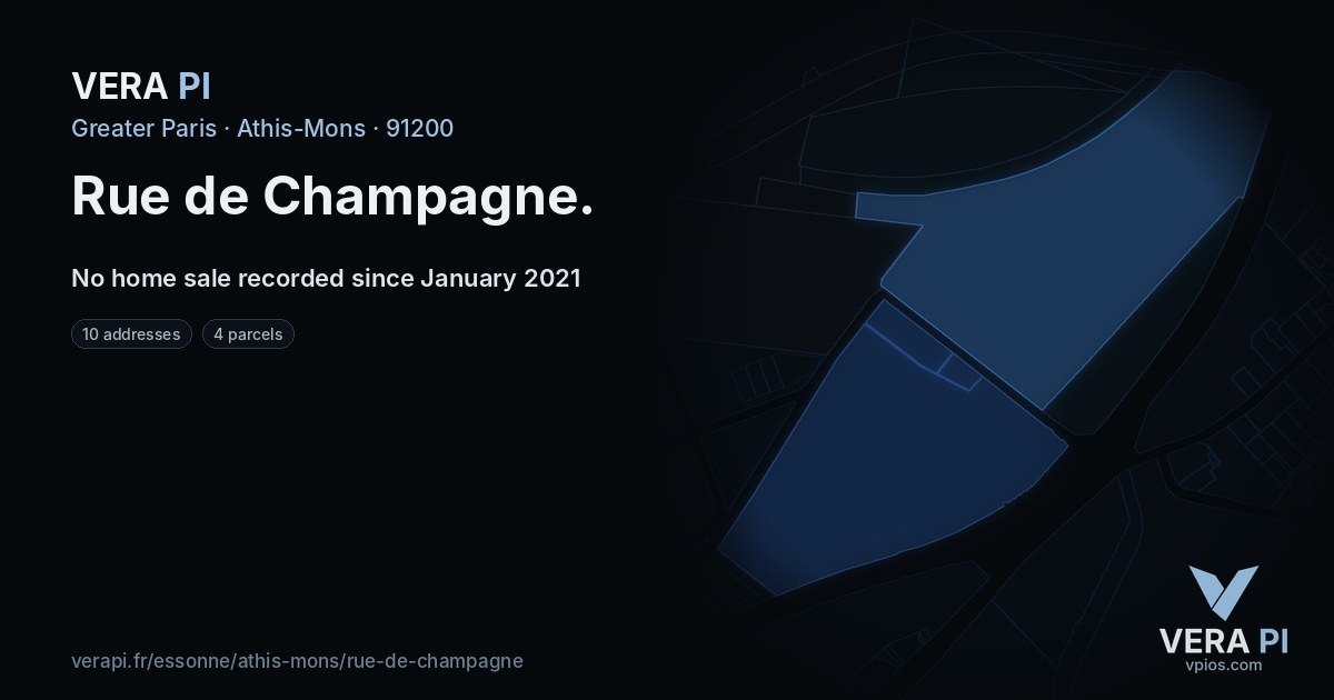 Rue de Champagne, Athis-Mons at night – every parcel coloured by the prices around it, the street's own parcels lit