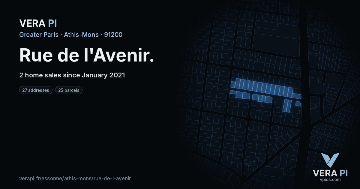 Rue de l'Avenir, Athis-Mons at night – every parcel coloured by the prices around it, the street's own parcels lit