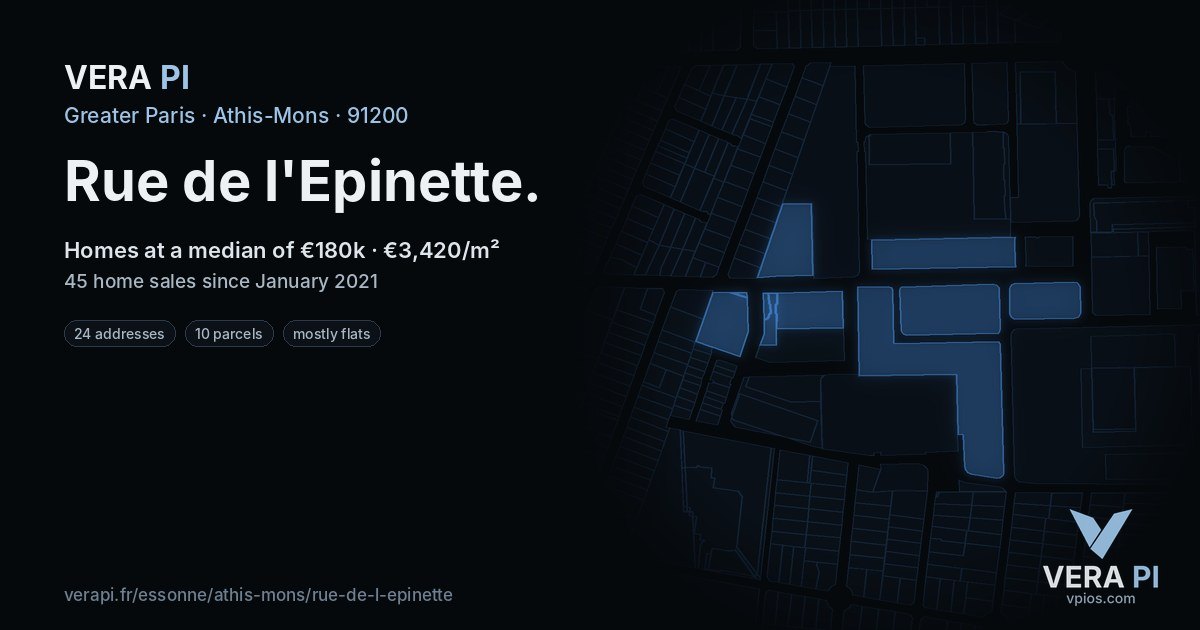 Rue de l'Epinette, Athis-Mons at night – every parcel coloured by the prices around it, the street's own parcels lit