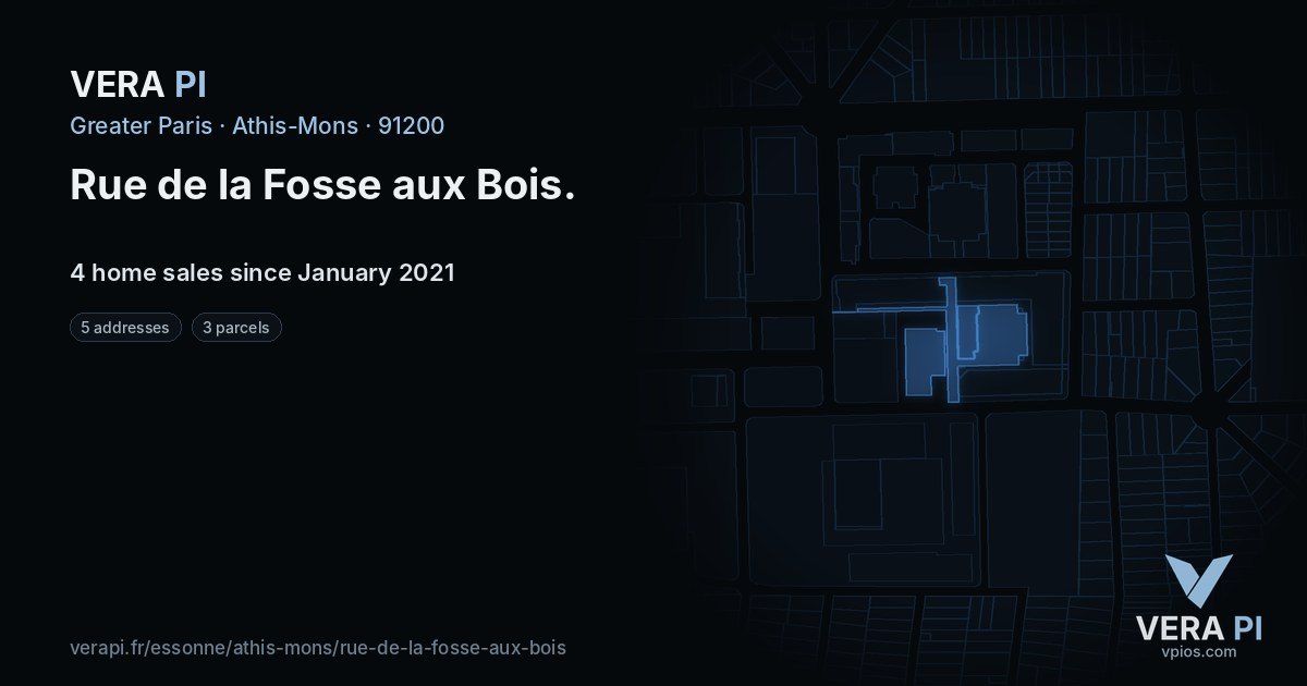 Rue de la Fosse aux Bois, Athis-Mons at night – every parcel coloured by the prices around it, the street's own parcels lit