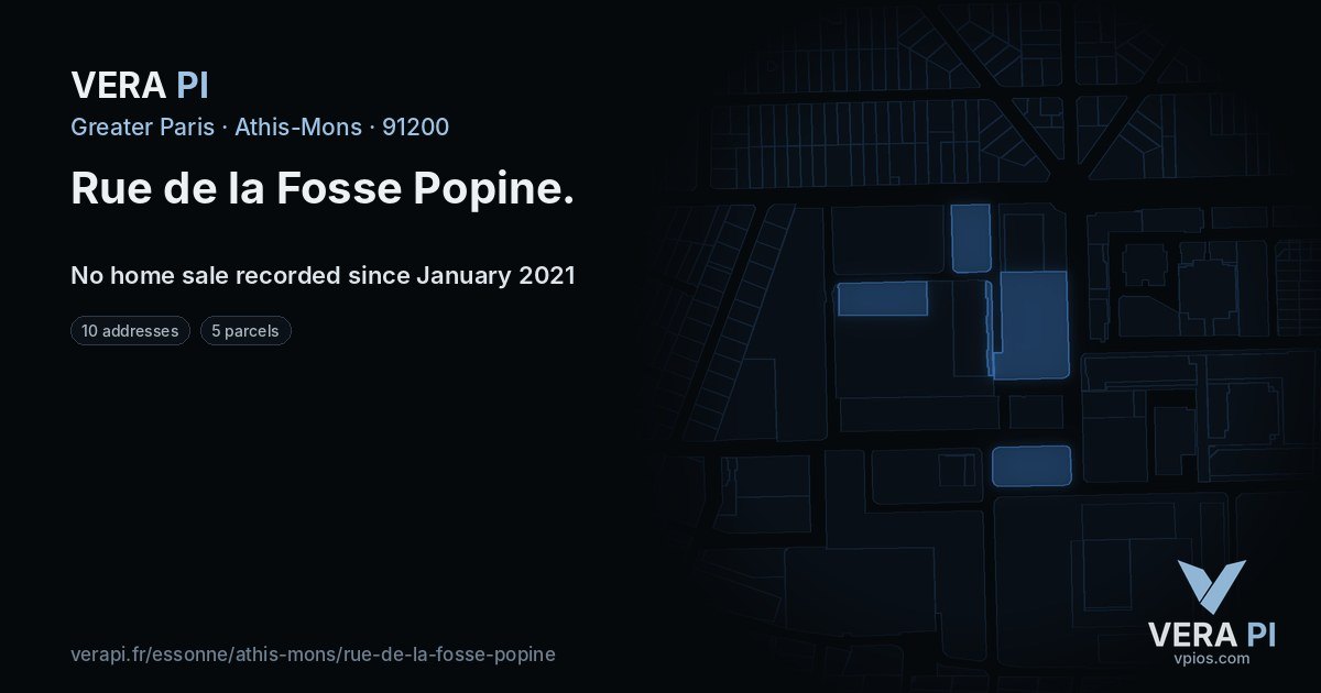 Rue de la Fosse Popine, Athis-Mons at night – every parcel coloured by the prices around it, the street's own parcels lit
