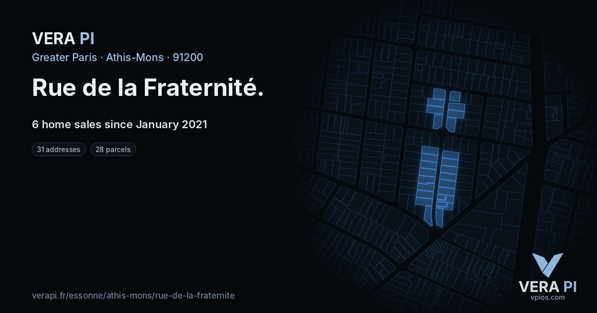 Rue de la Fraternité, Athis-Mons at night – every parcel coloured by the prices around it, the street's own parcels lit