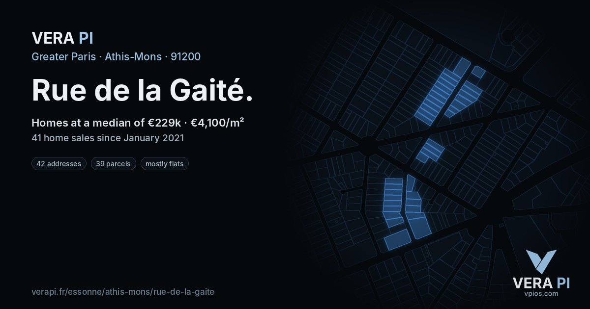 Rue de la Gaité, Athis-Mons at night – every parcel coloured by the prices around it, the street's own parcels lit