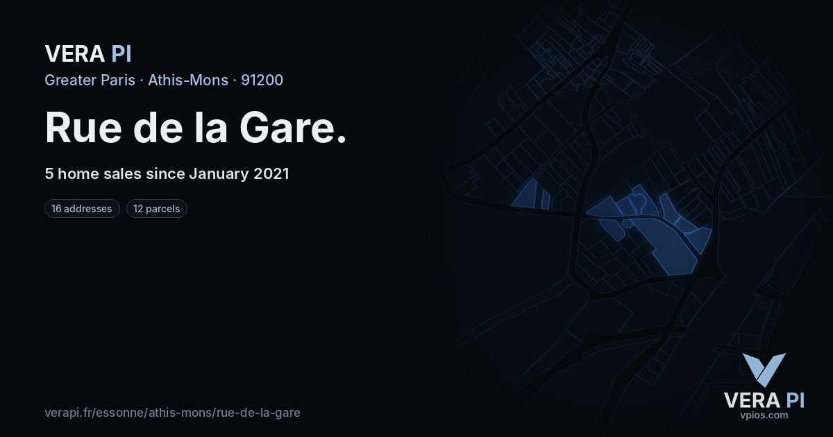 Rue de la Gare, Athis-Mons at night – every parcel coloured by the prices around it, the street's own parcels lit