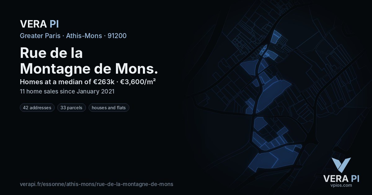 Rue de la Montagne de Mons, Athis-Mons at night – every parcel coloured by the prices around it, the street's own parcels lit