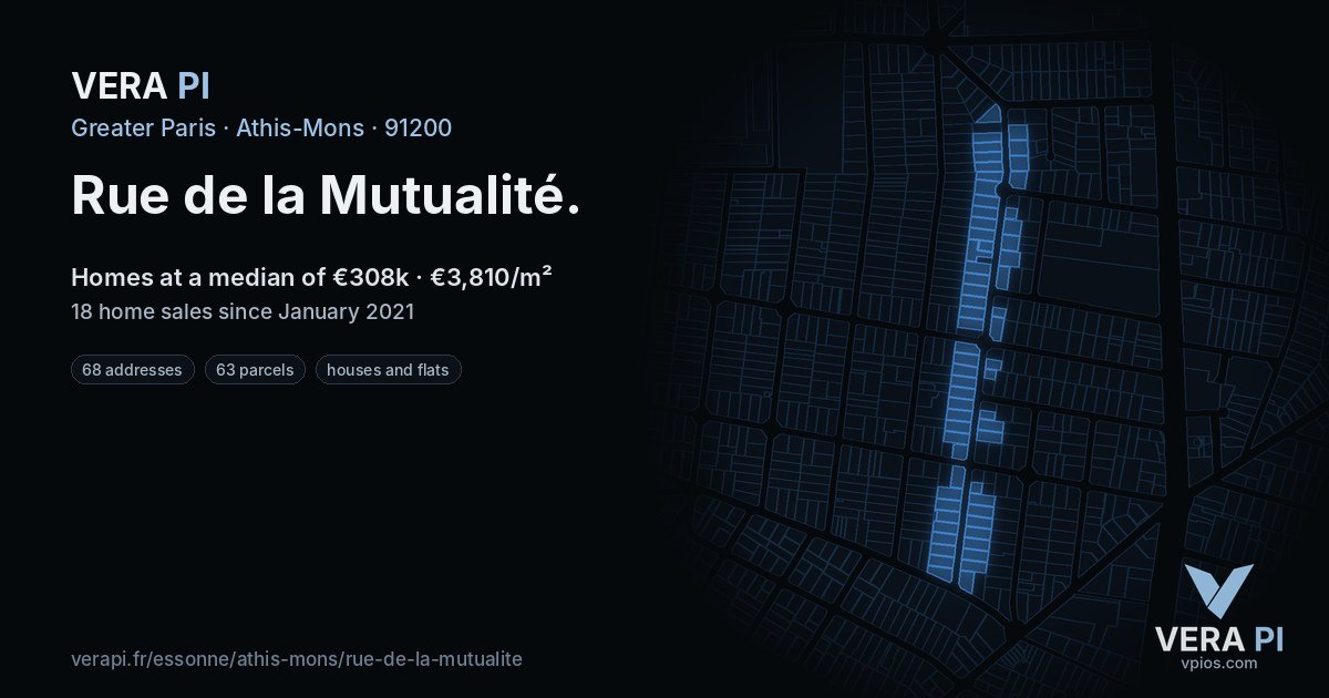 Rue de la Mutualité, Athis-Mons at night – every parcel coloured by the prices around it, the street's own parcels lit