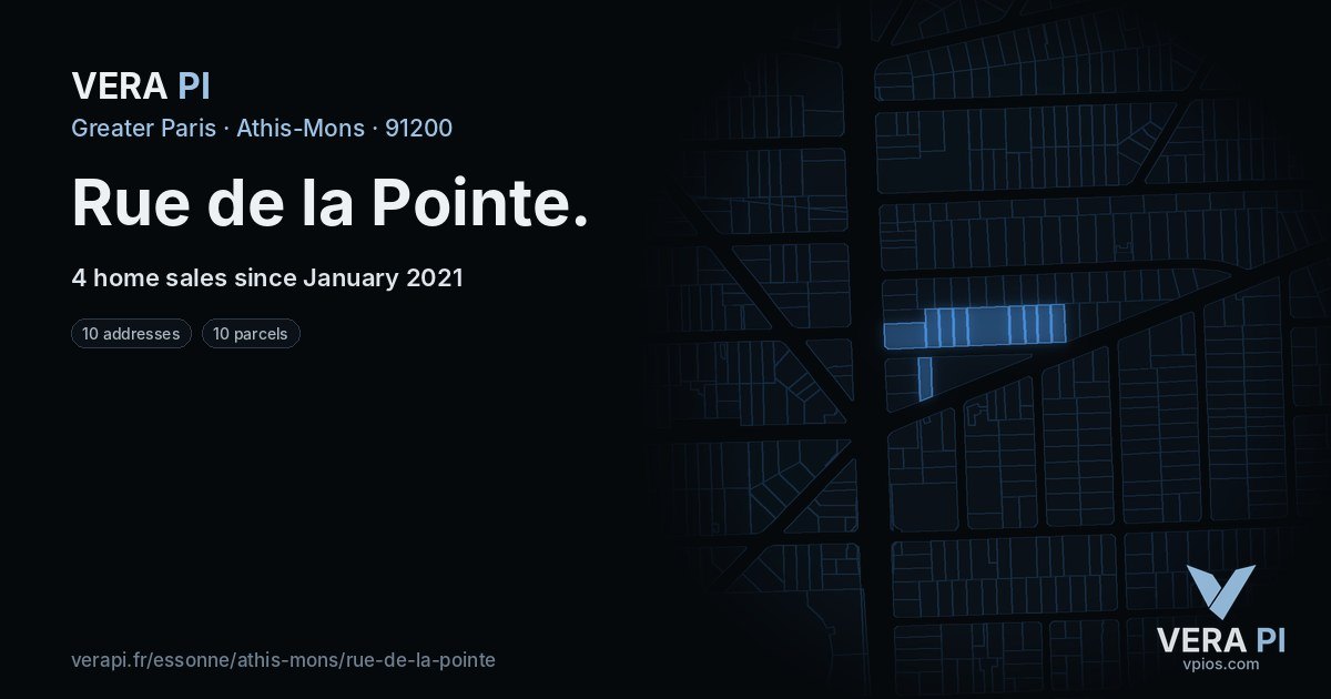 Rue de la Pointe, Athis-Mons at night – every parcel coloured by the prices around it, the street's own parcels lit