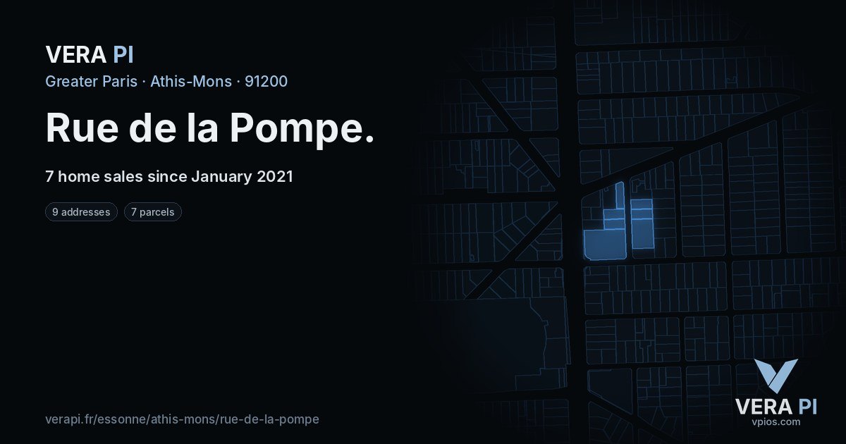 Rue de la Pompe, Athis-Mons at night – every parcel coloured by the prices around it, the street's own parcels lit