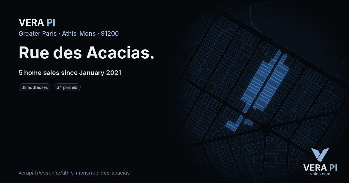 Rue des Acacias, Athis-Mons at night – every parcel coloured by the prices around it, the street's own parcels lit