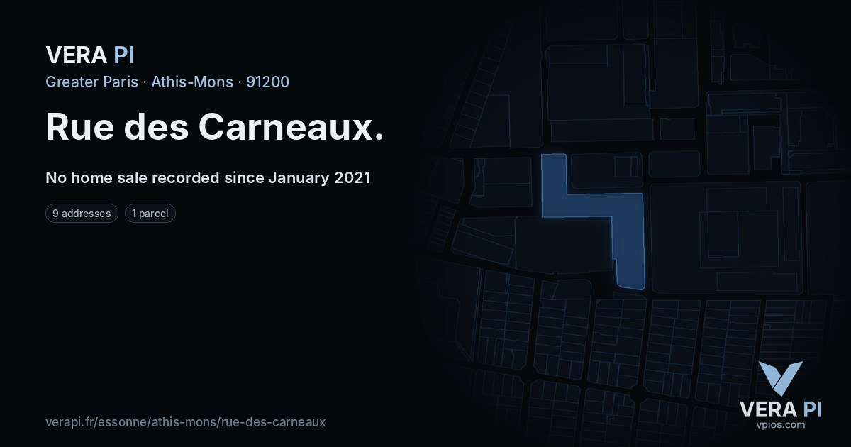 Rue des Carneaux, Athis-Mons at night – every parcel coloured by the prices around it, the street's own parcels lit
