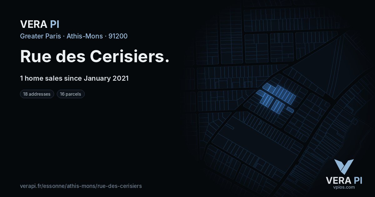 Rue des Cerisiers, Athis-Mons at night – every parcel coloured by the prices around it, the street's own parcels lit