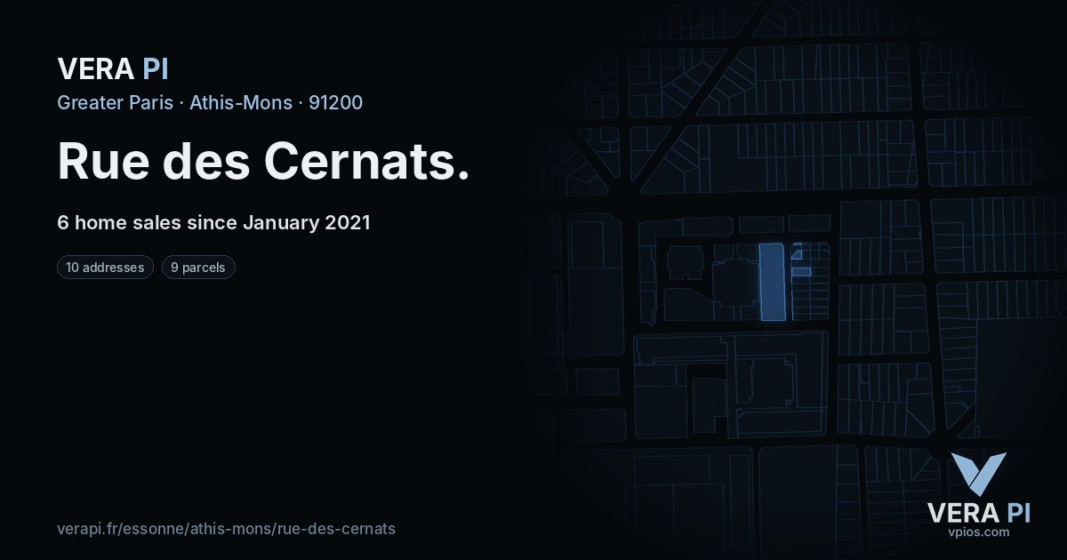 Rue des Cernats, Athis-Mons at night – every parcel coloured by the prices around it, the street's own parcels lit