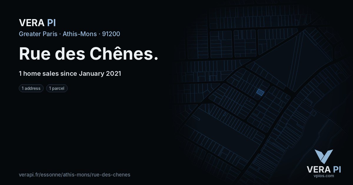 Rue des Chênes, Athis-Mons at night – every parcel coloured by the prices around it, the street's own parcels lit