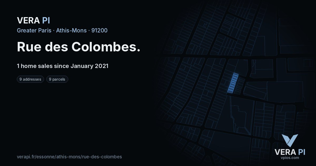 Rue des Colombes, Athis-Mons at night – every parcel coloured by the prices around it, the street's own parcels lit