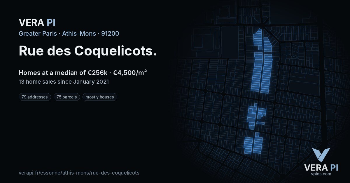 Rue des Coquelicots, Athis-Mons at night – every parcel coloured by the prices around it, the street's own parcels lit