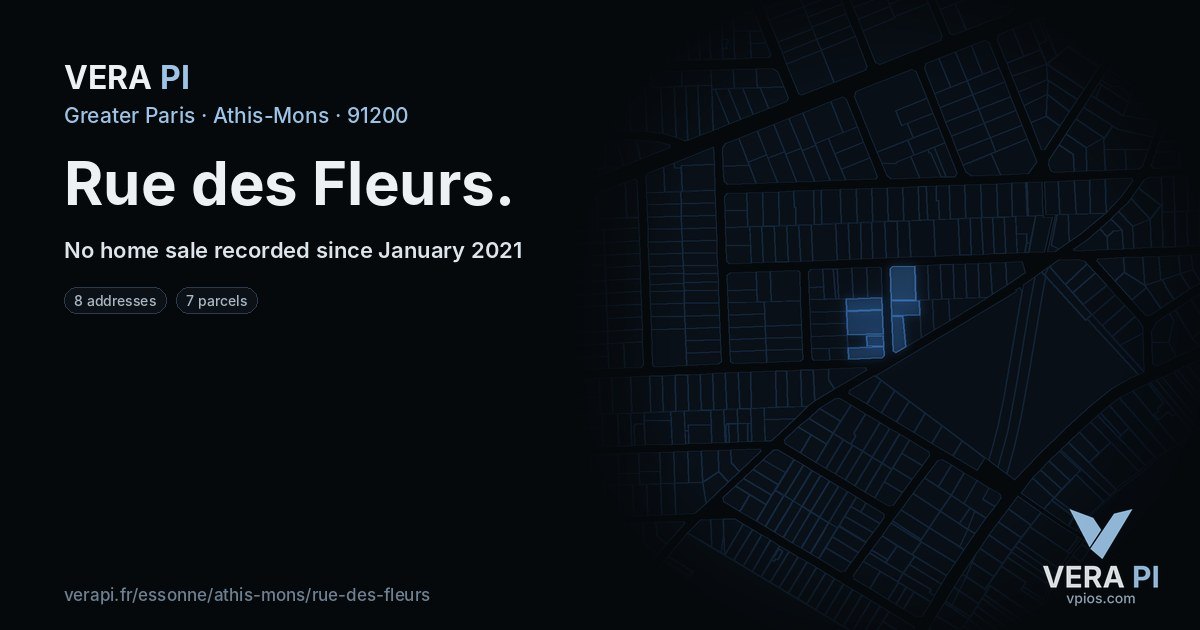 Rue des Fleurs, Athis-Mons at night – every parcel coloured by the prices around it, the street's own parcels lit