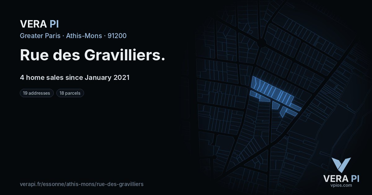 Rue des Gravilliers, Athis-Mons at night – every parcel coloured by the prices around it, the street's own parcels lit