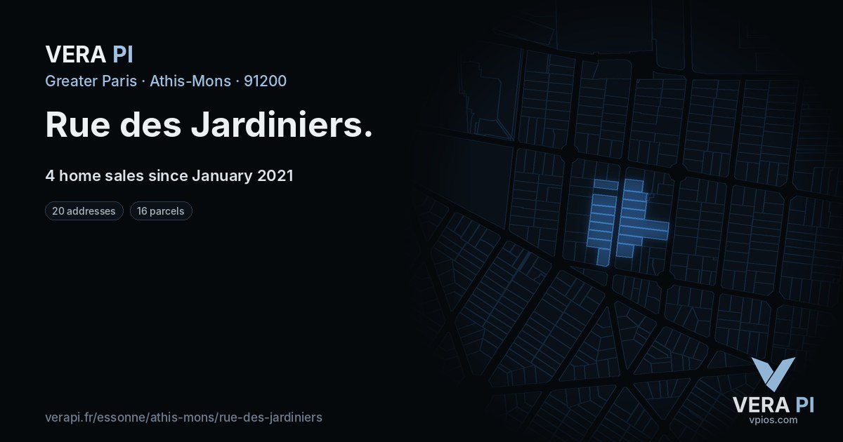 Rue des Jardiniers, Athis-Mons at night – every parcel coloured by the prices around it, the street's own parcels lit