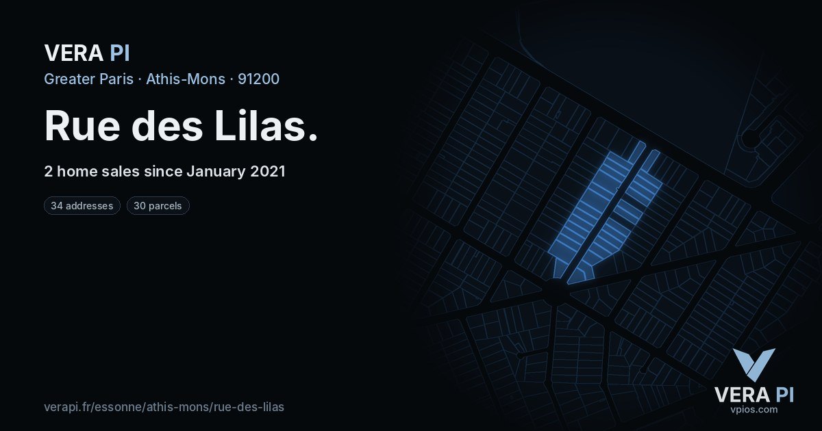 Rue des Lilas, Athis-Mons at night – every parcel coloured by the prices around it, the street's own parcels lit