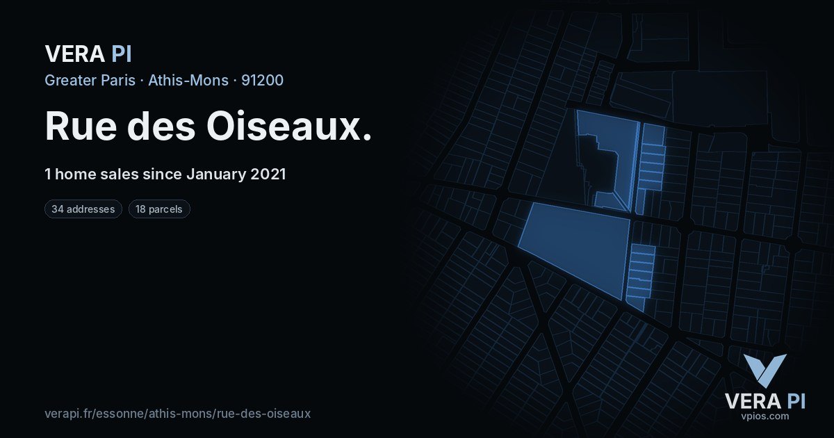 Rue des Oiseaux, Athis-Mons at night – every parcel coloured by the prices around it, the street's own parcels lit